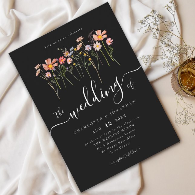 Convite Prado de Flores Silvestres Caligrafia Elegante Pre (Wildflower meadow boho floral black and white Wedding invitation Modern elegant script fall colors)