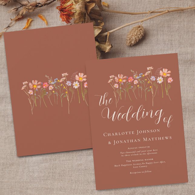Convite Prado de Flores Silvestres Caligrafia Elegante Ter (Wildflower meadow boho floral terracotta fall colors wedding invitation elegant script watercolor)