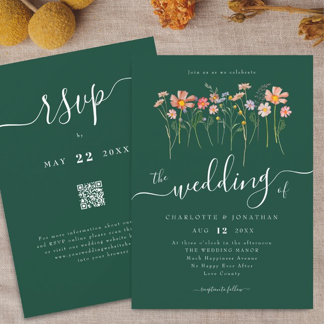 Convite Prado de Flores Silvestres Elegante Código QR Verd (Wildflower meadow boho floral green Wedding qr code invitation Elegant script watercolor fall colors)
