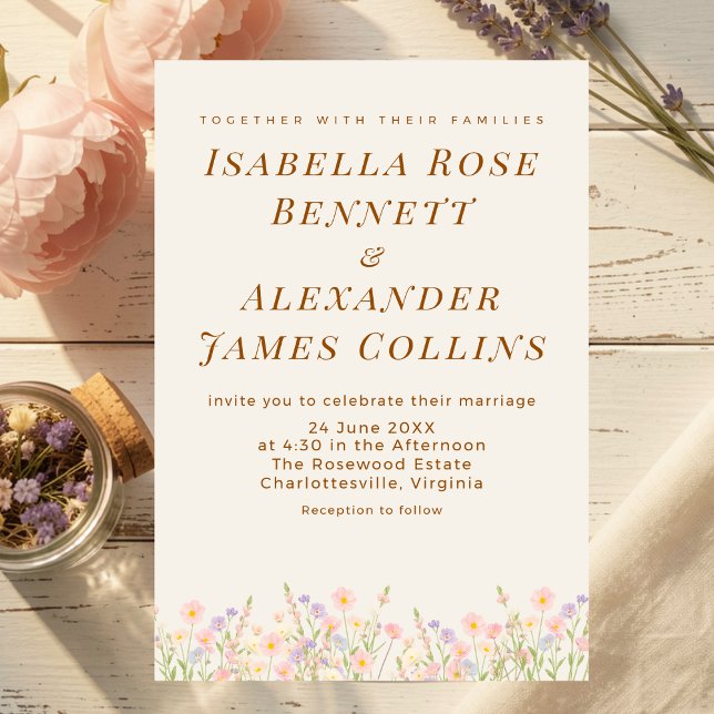Convite Prado de Flores Silvestres em Aquarela Botânica Pa (A sun-kissed meadow of soft pastel wildflowers anchors the bottom of this dreamy invitation.)