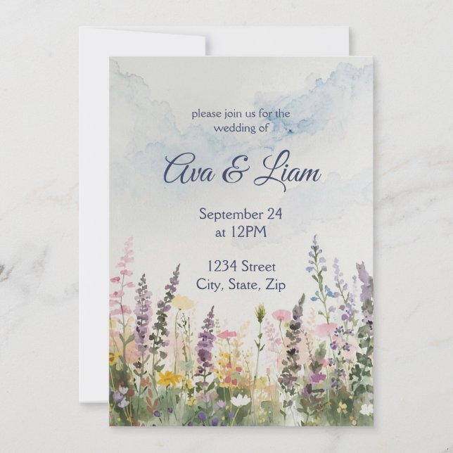 Convite Prado de Flores Silvestres em Aquarela | Casamento (Frente)
