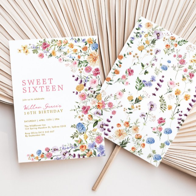 Convite Prado de Flores Silvestres em Aquarela Sweet 16 (Criador carregado)