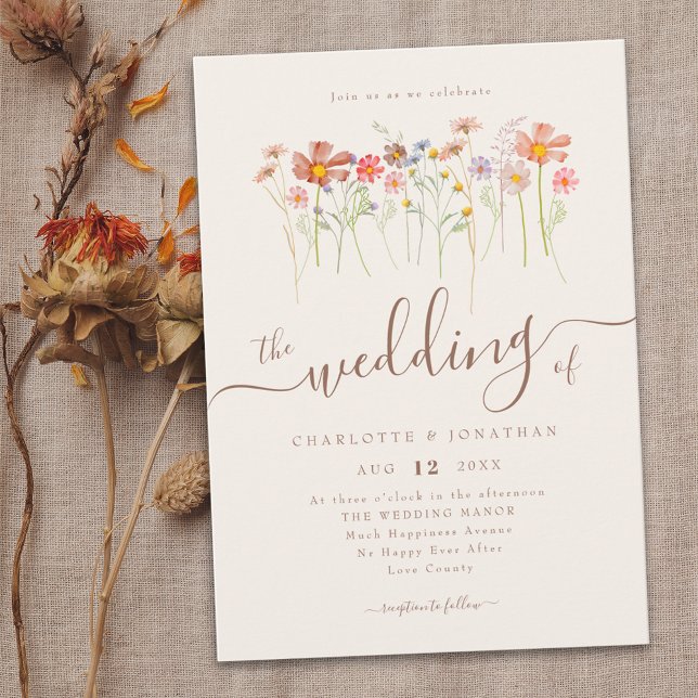 Convite Prado de Flores Silvestres Flor Beige Terracota (Wildflower meadow watercolor floral elegant script wedding  invitation rustic boho fall colors)