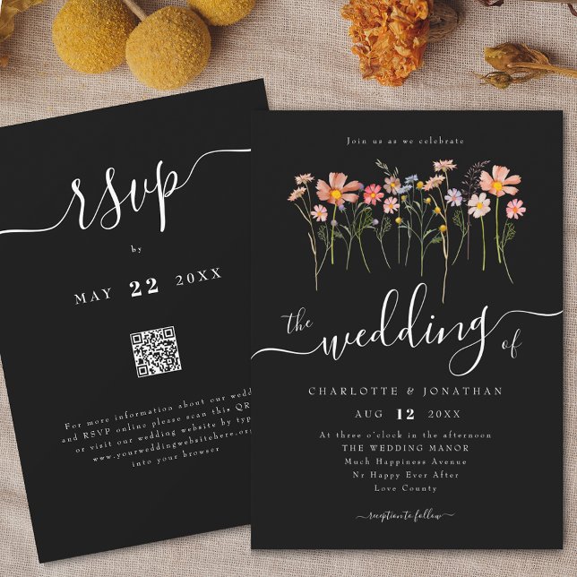 Convite Prado de Flores Silvestres Floral Preto e Branco c (Wildflower meadow boho floral black and white Wedding qr code invitation watercolor Fall colors)