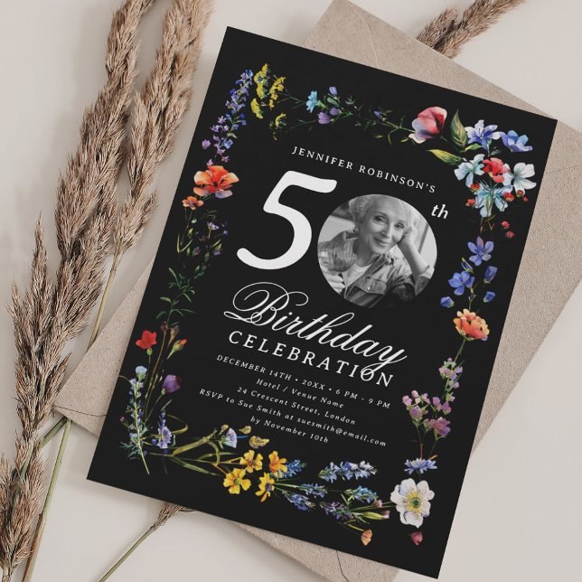 Convite Prado de Flores Silvestres Foto 50º Aniversário Pr (Wildflower Meadow Photo 50th Birthday Black Invitation)