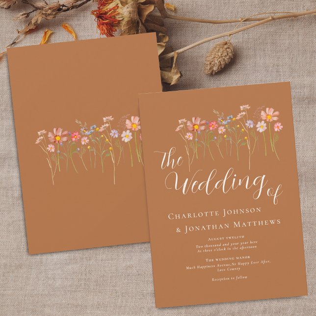 Convite Prado de Flores Silvestres Letra Elegante Açúcar M (Wildflower meadow boho floral brown sugar beige fall Wedding invitation Elegant script watercolor)