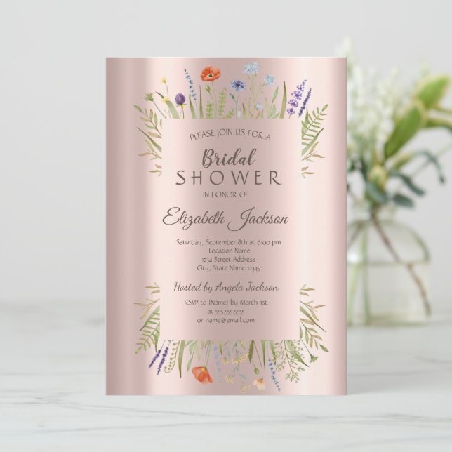 Convite Prado de Flores Silvestres Rosa Dourado Chá de Beb (Em pé/Frente)