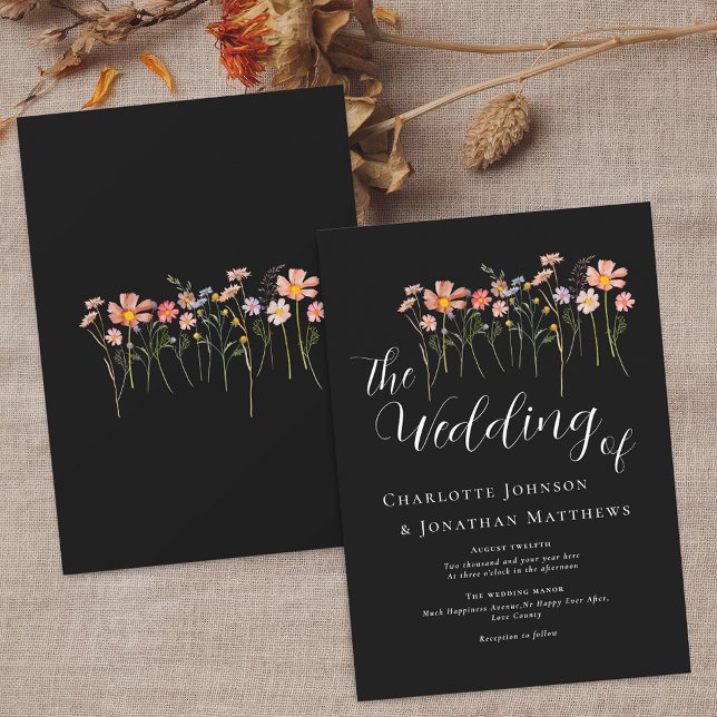 Convite Prado de Flores Silvestres Roteiro Elegante Preto  (Wildflower meadow fall floral black and white Wedding invitation Elegant script watercolor flowers)
