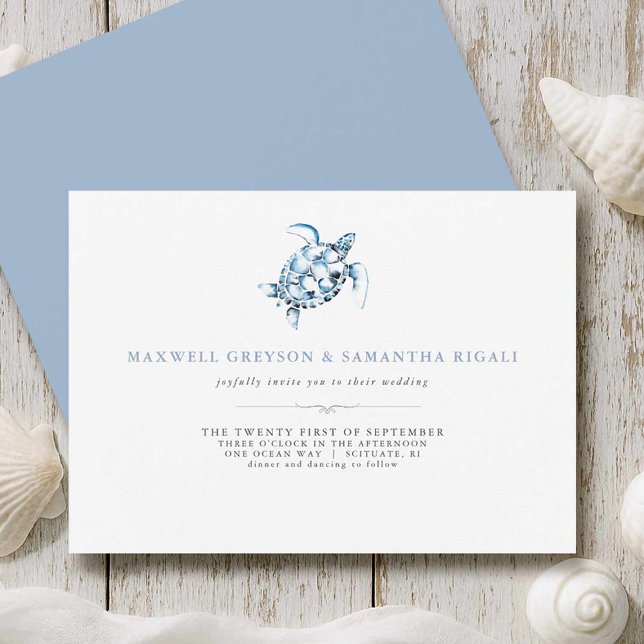 Convite Praia Casamento de Tartaruga Azul (Beach wedding invitations printing watercolor sea turtle art by Victoria Grigaliunas Do Tell A Belle)