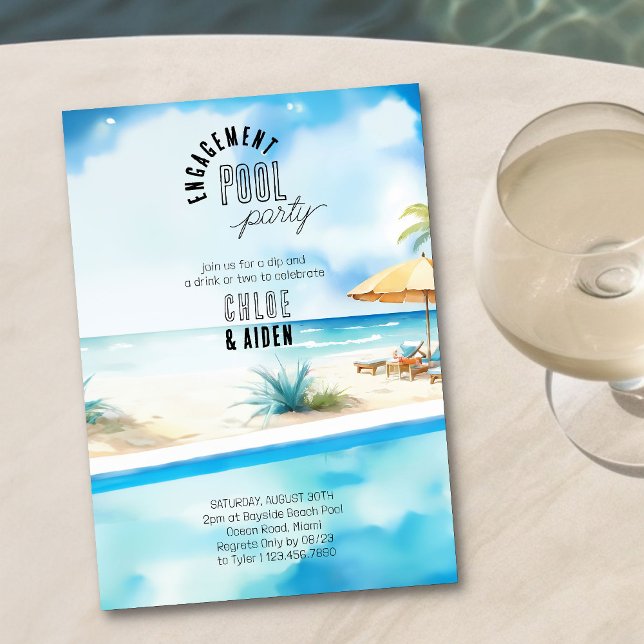 Convite Praia de Aquarela da Parte Piscina do noivado (Pool Party Invitation with watercolor beach view - easy to customize for engagement, anniversary etc)