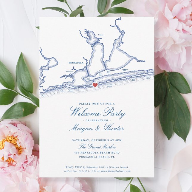 Convite Praia de Pensacola FL Festa de Boas-Vindas de Casa (Pensacola Beach Wedding Welcome Party Invitations with elegant navy blue map by Coastal Map Designs)