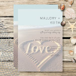 Convite Praia Moderna com Casamento de Estilo de Vela do C<br><div class="desc">Esta design apresenta um coração único com a palavra amor gravada na areia de uma praia com a maré suave e o céu azul ao fundo. A frente tem uma aparência de velum. Tão único! É parte da Praia Moderna com a Suíte de Casamento Cardíaco criada pela Imprensa Simplesmente Farmhouse....</div>