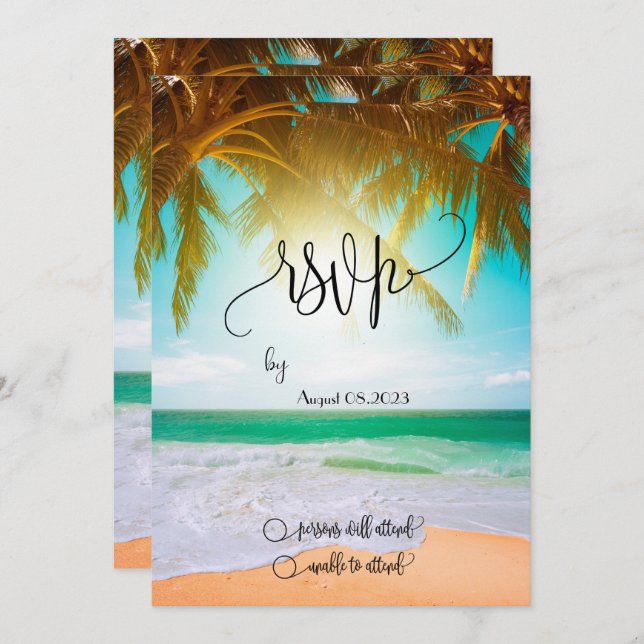 Convite Praia,Palm,Sun,String Lights Script RSVP (Frente/Verso)