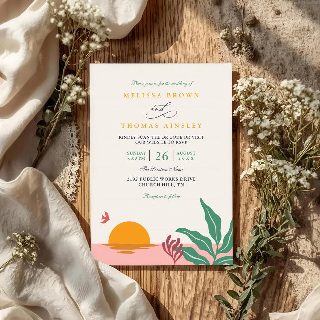 Convite Praia Paradisíaca Casamento Tropical Vintage Códig (Criador carregado)