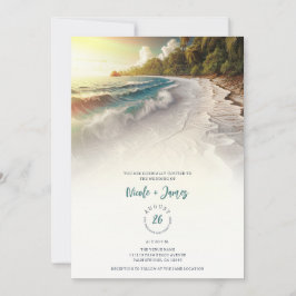 Convite Praia Paradisíaca Pôr do Sol Casamento Rústico à B