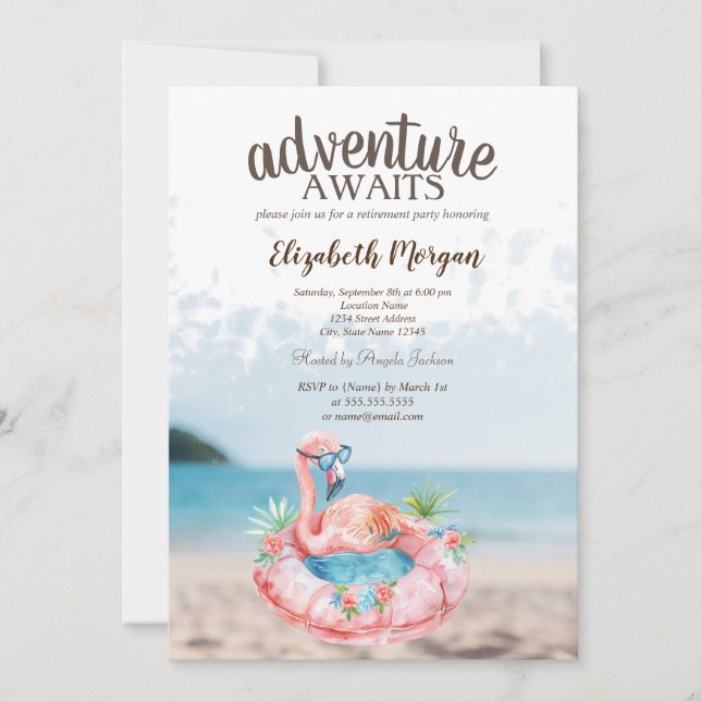 Convite Praia Pink Flamingos Retirement Party (Frente)