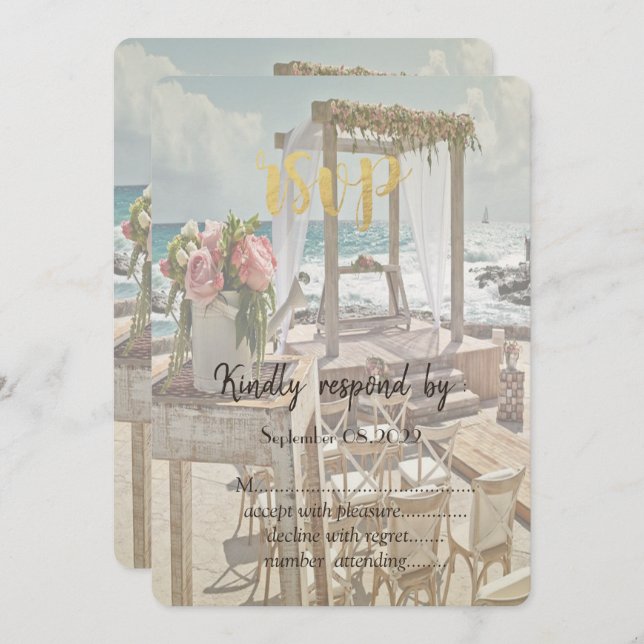 Convite Praia Retro Wedding Arch Floral RSVP (Frente/Verso)