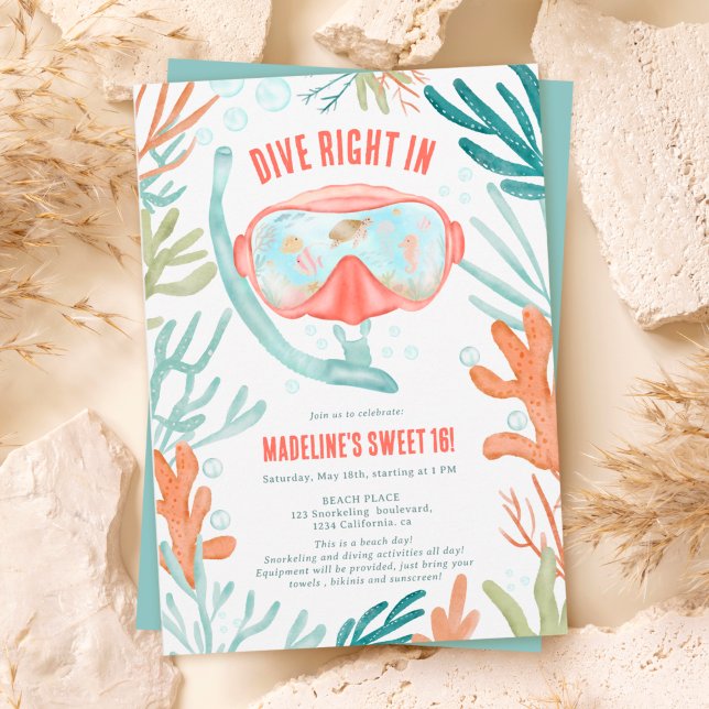 Convite Praia Scuba mergulhando aquarela vida marinha Swee (Beach Scuba diving watercolor sea life Sweet 16 Invitation)