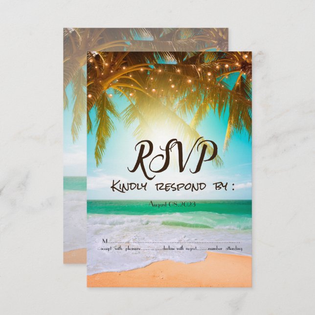 Convite Praia,Sun,Palm,String Lights RSVP (Frente/Verso)