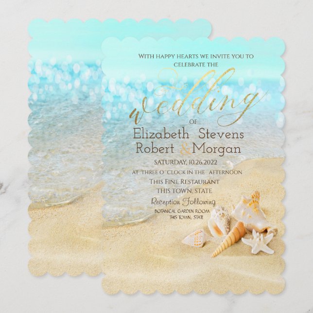Convite Praia Tropical, Conchas Marinhas Casamento (Frente/Verso)