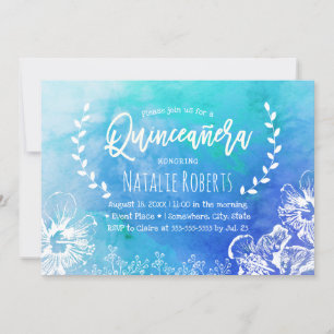 Convite Praia Tropical Floral Blue Watercolor Quinceanera