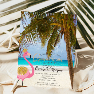 Convite Praia Tropical,Palmeira,Flamingo Quinceañera