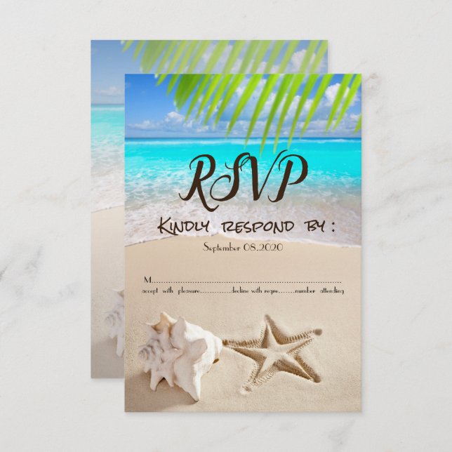 Convite Praia Tropical, Seastar, RSVP de Seashell (Frente/Verso)