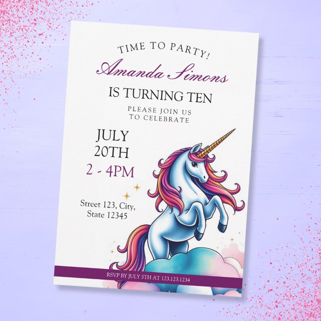 Convite Prancing Unicorn Sparkle Girl 10th Birthday (Criador carregado)