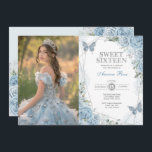 Convite Prata Azul Suave 16 Borboleta Foto de Aniversário<br><div class="desc">O convite perfeito para o doce 16 da sua filha está finalmente aqui! Este convite apresenta elegantes rosas azuis empoeirados de cor d'água,  borboletas doces e prata geométrica moderna. Clique no botão "personalizar mais" se quiser reorganizar e formatar o estilo e a posição do texto.</div>