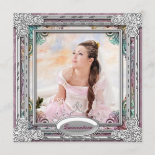 Convite Prata Azul Teal Rosa Coral Foto Quinceanera