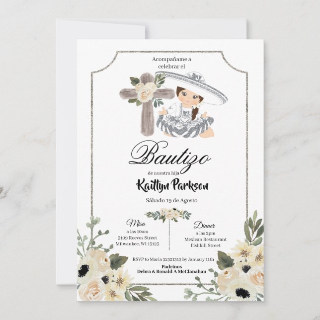 Convite Prata branca mexicana Charra Gir Bautizo Invitació (Frente)