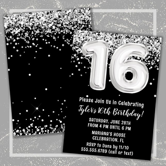 Convite Prata branca preta 16.a Festa de aniversário (Black and White 16th Birthday Party Invitation)