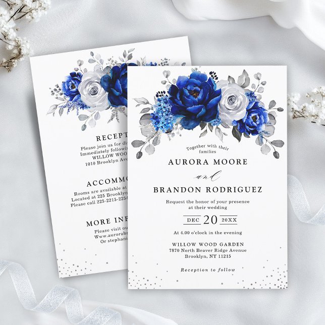 Convite Prata Branca Real Tudo em Um Casamento Floral (Royal Blue White Silver Details on Back all in one  Wedding Invitation)
