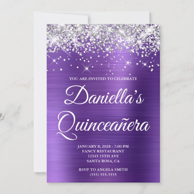 Convite Prata Brilho Ametista Folha Quinceañera (Frente)