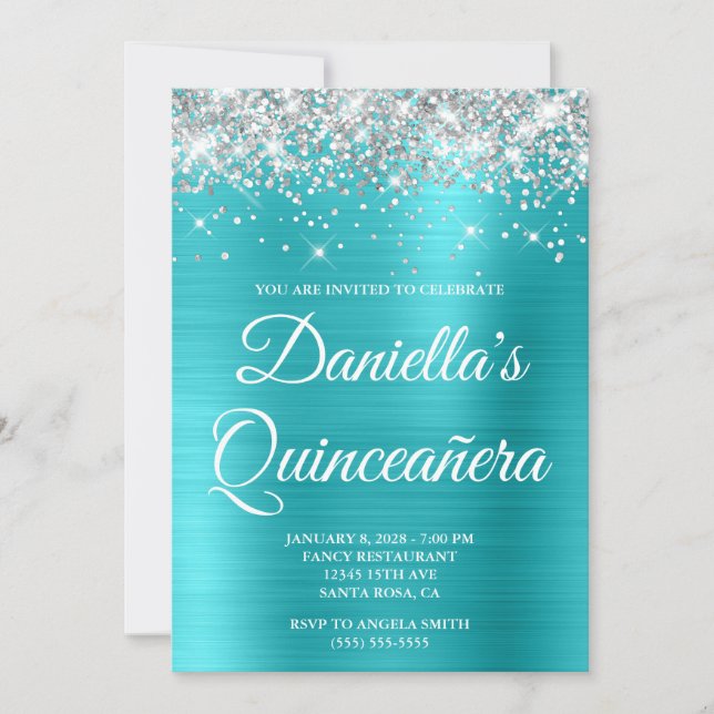 Convite Prata Brilho Azul Turquesa Folha Quinceañera (Frente)
