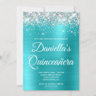 Convite Prata Brilho Azul Turquesa Folha Quinceañera