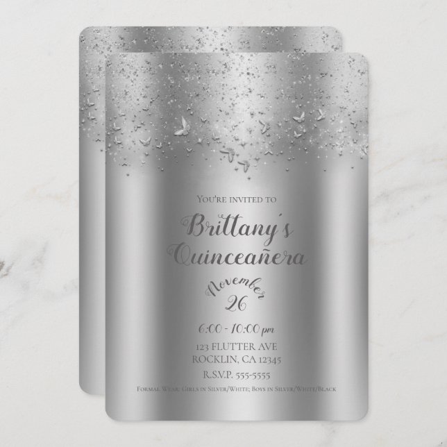 Convite Prata Brilho Borboleta Festa de Quinze Anos (Frente/Verso)