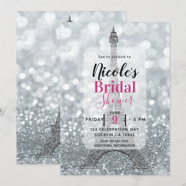 Convite Prata Brilho Faísca Torre Eiffel Chá de Noiva (Frente/Verso)