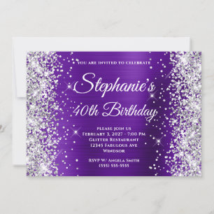 Convite Prata Brilho Índigo Roxo Chique 40º Aniversário