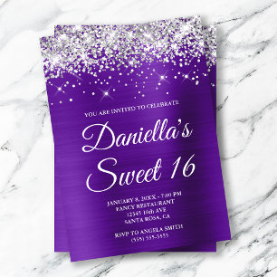 Convite Prata Brilho Índigo Roxo Papel Laminado Sweet 16