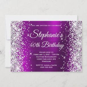 Convite Prata Brilho Magenta Roxo Chique 40º Aniversário