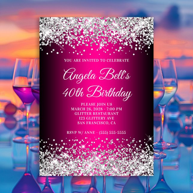 Convite Prata Brilho Preto e Rosa Quarenta Aniversário (Silver Glitter Black and Hot Pink 40th Birthday Invitation)