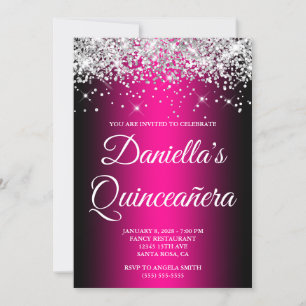 Convite Prata Brilho Preto Magenta Ombre Quinceañera