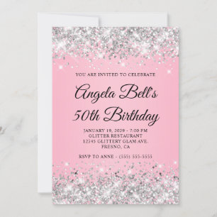 Convite Prata Brilho Rosa Fantasia Monograma 50º Aniversár