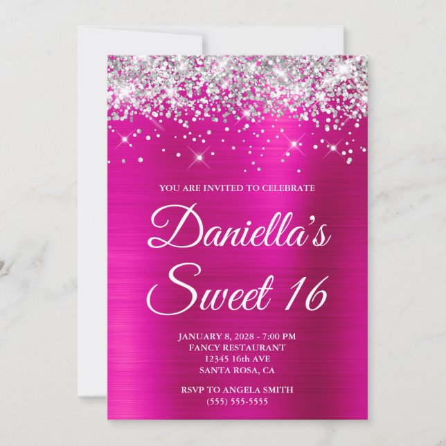 Convite Prata Brilho Rosa Quente Foil Sweet 16 (Frente)