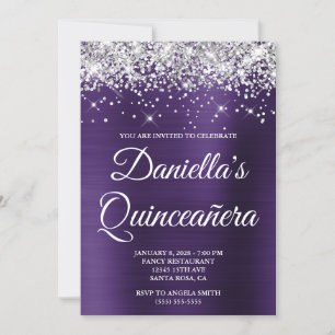 Convite Prata Brilho Roxo Escuro Folha Quinceañera