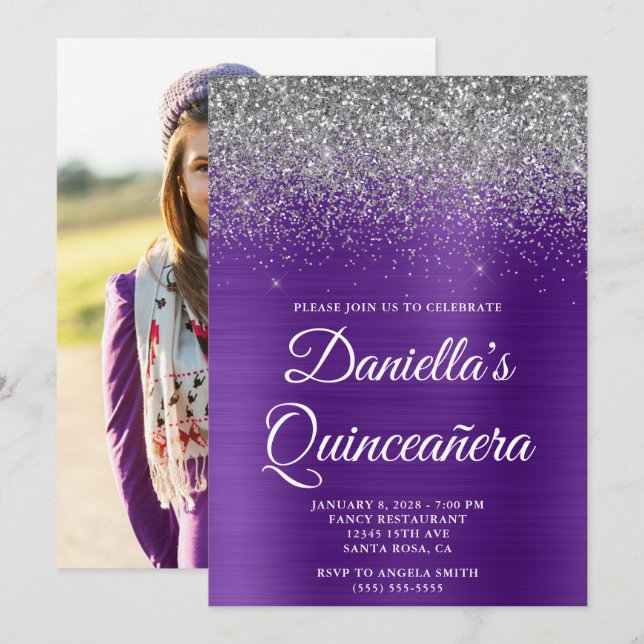 Convite Prata Brilho Roxo Real Foto Quinceañera (Frente/Verso)