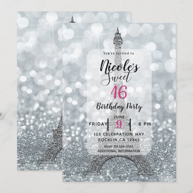 Convite Prata Brilho Sparkle Bling Torre Eiffel Festa (Frente/Verso)