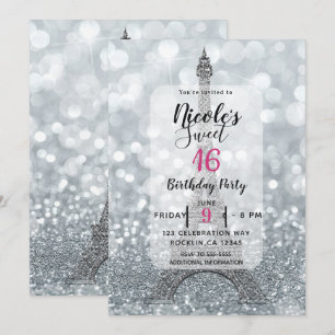 Convite Prata Brilho Sparkle Bling Torre Eiffel Festa