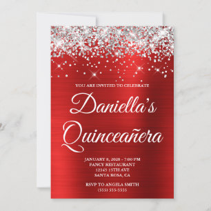 Convite Prata Brilho Vermelho Brilhante Quinceañera em Fol